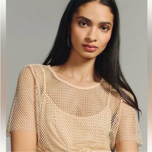 Anthropologie gold rhinestone Mesh Layered Top, size M